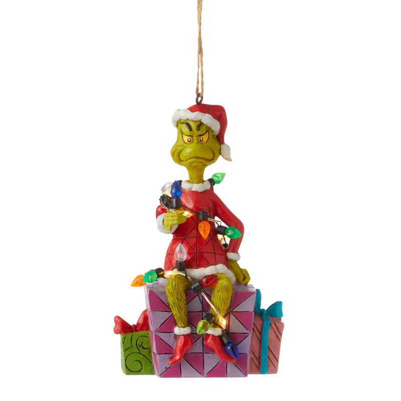 Der Grinch mit Lichterkette und Geschenken (Ornament zum Hängen)
